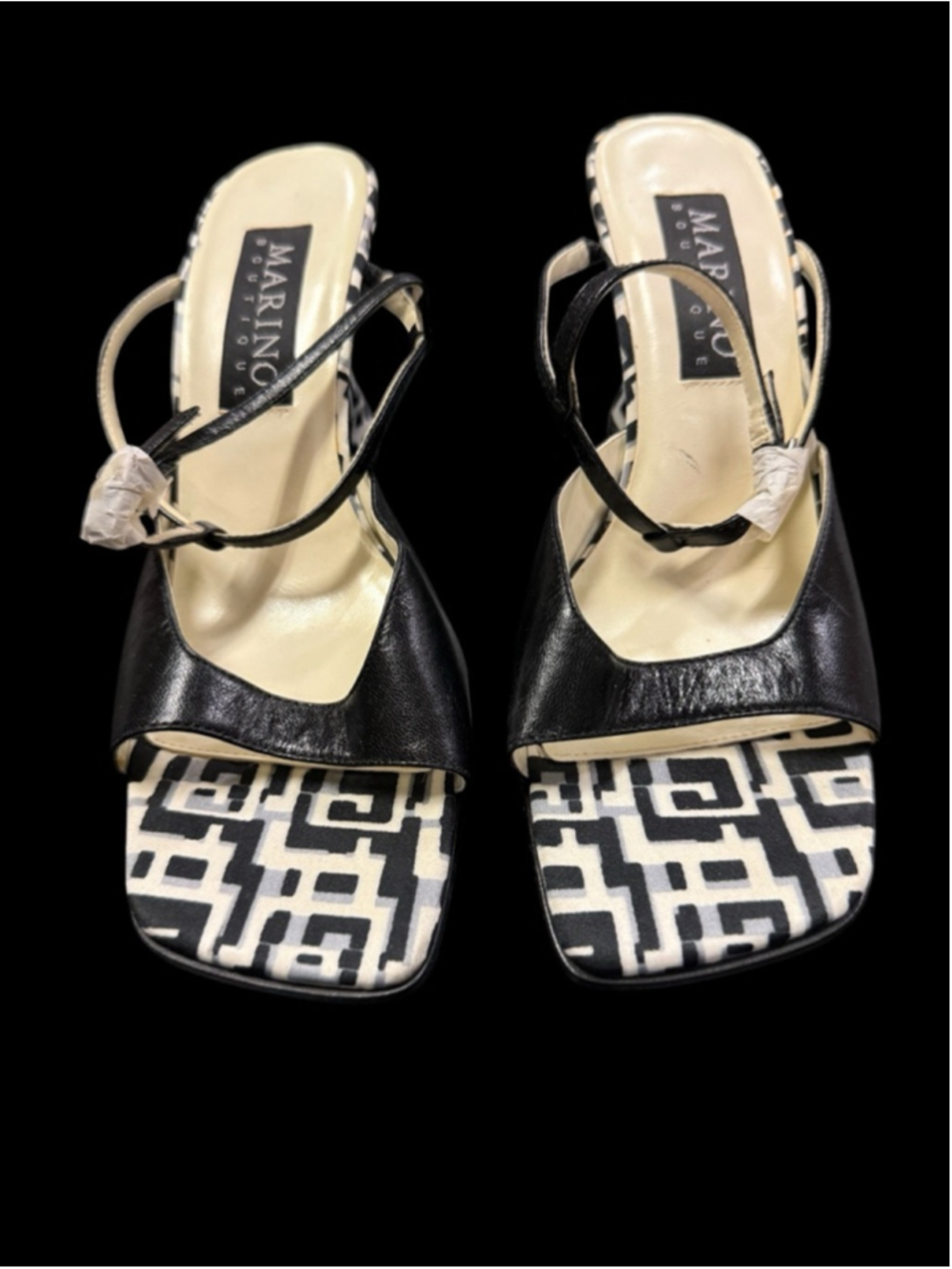 Women's MARINO BOUTIQUE Black White Patterned Wedge Sandals 8.5